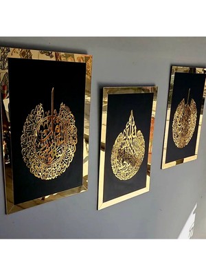 Numa Concept Ayetel Kürsi Felak Nas Tablo 3'lü Set Siyah Mdf Üzeri Gold Pleksi Duvar Dekorasyon Her Biri 60x42 Cm