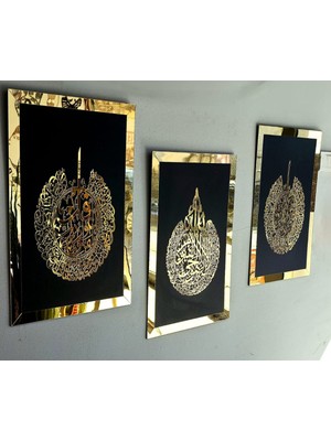 Numa Concept Ayetel Kürsi Felak Nas Tablo 3'lü Set Siyah Mdf Üzeri Gold Pleksi Duvar Dekorasyon Her Biri 60x42 Cm