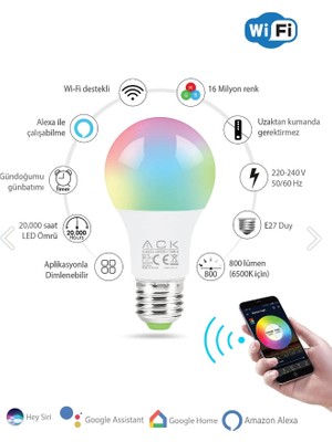 10W Wi- Fi Rgb LED Ampul E27 Duylu Uygulama Kontrollü Dim Edilebilir