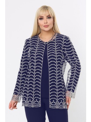 Büyük Beden 3779 Lacivert-Altın Ceket+Bluz Takım