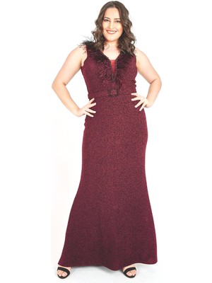 Büyük Beden 3472 Bordo Uzun Abiye Elbise