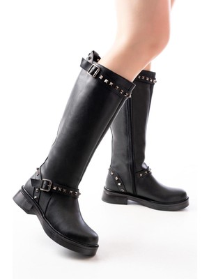 02-307 Siyah Düz Topuklu Günlük Bayan Binici Çizme