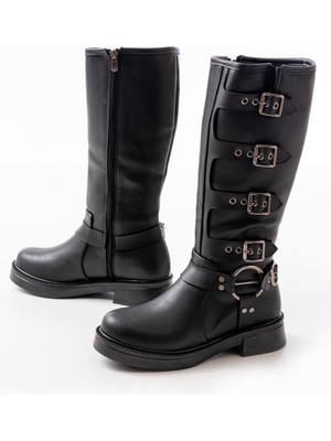 02-346 Siyah Düz Topuklu Günlük Bayan Binici Çizme