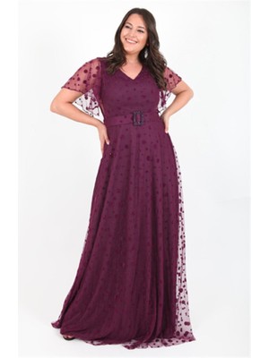 Büyük Beden 3424 Mürdüm Uzun Abiye Elbise