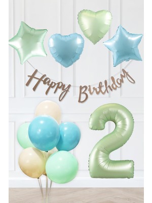 Pekshop Retro Mavi Yeşil Renkler Doğum Günü Parti Seti Retro Yeşil Yaş Balonlu Kraft Banner Balon Zinciri Seti