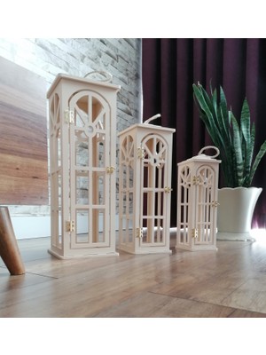 3'lü Ahşap Fener Mumluk (Bej)