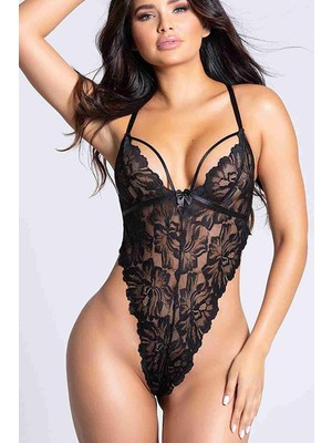 Heloshe Kadın Siyah Dantel Arkası Çapraz Sexy Fantezi Babydoll