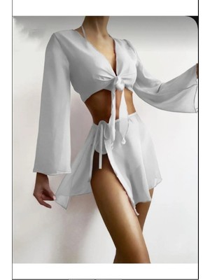 Heloshe Kadın Beyaz Tül Iki Parça Üst Etek Pareo Takım Plaj Giyim
