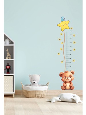 Mediterian Çocuk odası renkli yıldızlı ayıcık duvar stickeri, boy ölçer ve dekoratif etiketi