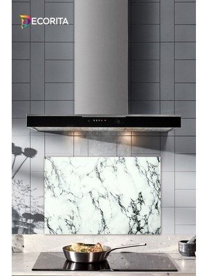 Mediterian Beyaz Mermer Görünümlü Cam Ocak Arkası Koruyucu 40x60 cm Çok Renkli, Düz Desenli
