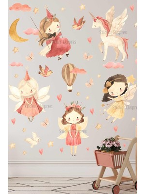 Mediterian Rüya Gibi Renkli Çocuk Odası Duvar Sticker Seti, 5+ Parça, Peri ve Unicorn Temalı