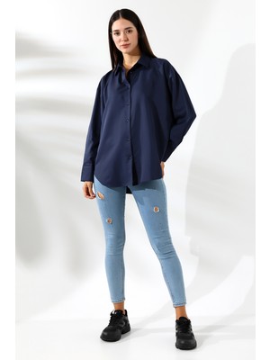 Union And Joy Oversize Mikro Saten Dökümlü Lacivert Kadın Gömlek