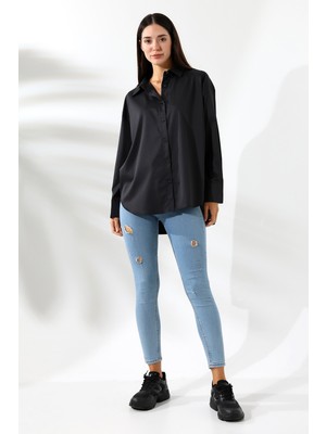 Oversize Mikro Saten Dökümlü Siyah Kadın Gömlek
