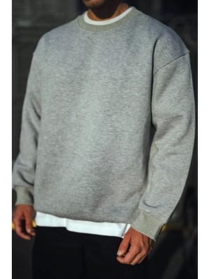 Kışlık Bisiklet Yaka Üç Iplik Basic Sweatshirt - Gri