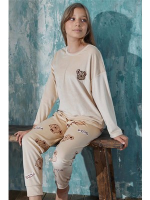 Kahve Bear Head Desenli Exclusive Kadife Kız Çocuk Pijama Takımı 