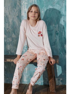 Pijama Evi Somon Macoron Desenli Exclusive Kadife Kız Çocuk Pijama Takımı 