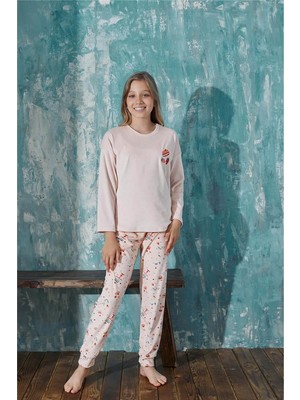 Pijama Evi Somon Macoron Desenli Exclusive Kadife Kız Çocuk Pijama Takımı 