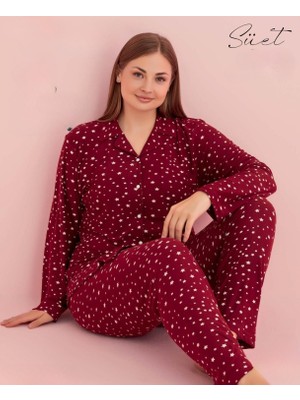 Pijamerry Kadın Büyük Beden Gömlek Yaka Süet Uzun Kol Pijama Takımı 5265- 1 Adet