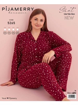 Pijamerry Kadın Büyük Beden Gömlek Yaka Süet Uzun Kol Pijama Takımı 5265- 1 Adet