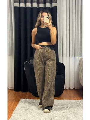 Matchli Leopar Desen Bol Paça Pantolon Bej