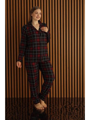 Pijamoni Büyük Beden Süet Kumaş Önü Düğmeli E. Bordo Pijama Takımı - 5655
