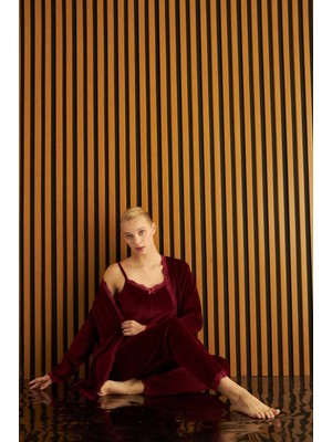 Pijamoni Kadife 3 Lü Askılı Kadın Pijama Takımı 5545-Mürdüm