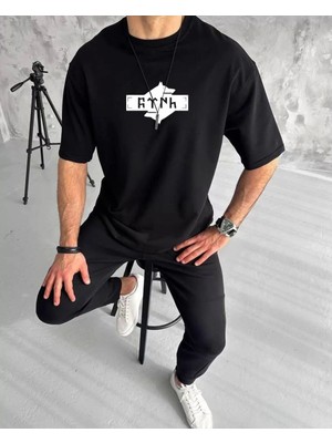 Unisex Bisiklet Yaka Baskılı Double Oversize T-Shirt - Siyah