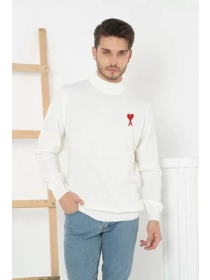 Unisex Yarım Boğazlı Baskılı Dokuma Triko - Beyaz