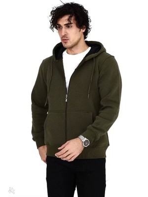Unisex Tam Fermuarlı Kapşonlu  Sweatshirt - Haki