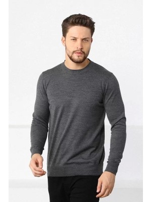 Unisex Uzun Kol Biskilet Yaka Dokuma Triko - Füme