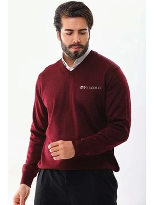 Baskılı V Yaka Uzun Kol Dokuma Triko - Bordo