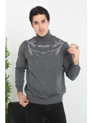 Baskılı Tam Boğazlı Uzun Kol Dokuma Triko - Antrasit