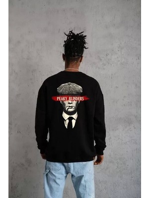 Unisex Bisiklet Yaka Baskılı Oversize Sweatshirt - Siyah