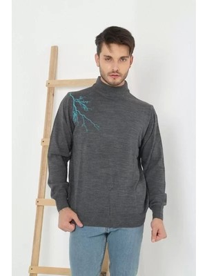 Unisex Yarım Boğazlı Baskılı Dokuma Triko - Füme