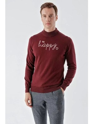 Baskılı Uzun Kol Yarım Boğazlı Dokuma Triko - Bordo