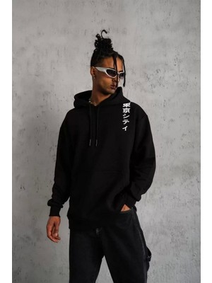 Unisex Kapşonlu Uzun Kol Baskılı Sweetshirt - Siyah
