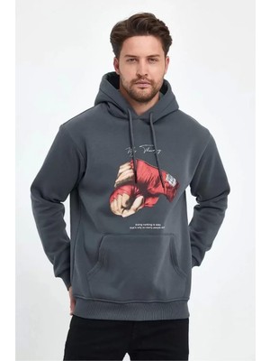 Unisex Kapüşonlu Üç Iplik Oversize Baskılı Sweatshirt - Gri