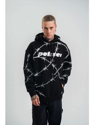 Unisex Kapşonlu Varak ve Pano Baskılı Sweatshirt- Siyah