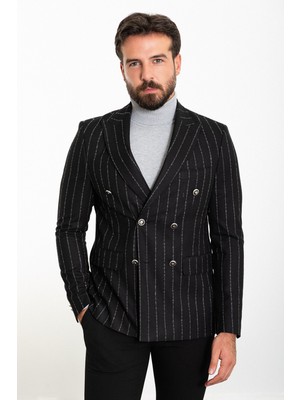 Çizgili Siyah Slim Fit Geniş Yaka Kruvaze Yün Erkek Ceket