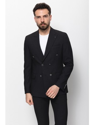 Duz Siyah Renk Slim Fit Kırlangıc Yaka Kruvaze Erkek Ceket