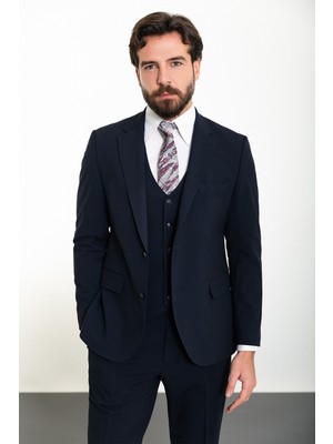 Düz Lacivert Slim Fit Mono Yaka 4 Drop Klasik Erkek Takım Elbise