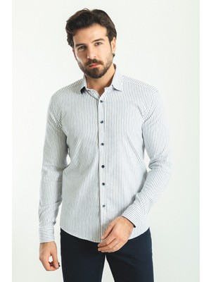 Çizgili Beyaz Renk Slim Fit Erkek Gömlek
