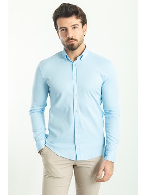 Düz Mavi Renk Slim Fit Uzun Kollu Erkek Gömlek