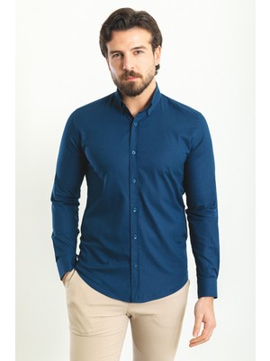 Düz Lacivert Renk Slim Fit Uzun Kollu Erkek Gömlek