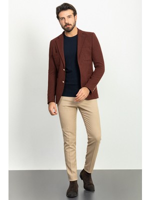 Dokulu Kahverengi Torba Cep Slim Fit Erkek Ceket