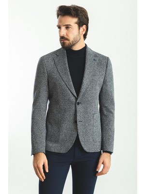 Desenli Lacivert Renk Slim Fit Mono Yaka Yün Erkek Ceket