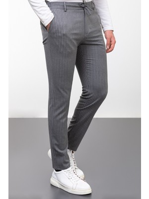 Çizgili Gri Renk Super Slim Fit Beli Lastikli Ipli Erkek Pantolon