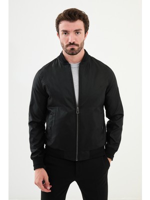 Desenli Siyah Slim Fit Hakim Yaka Erkek Mont