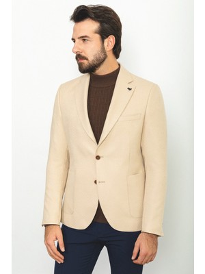 Desenli Bej Rengi Torba Cep Slim Fit Yün Erkek Ceket