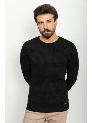 MCR Çizgili Siyah Renk Slim Fit Bisiklet Yaka Uzun Kollu Erkek T-Shirt